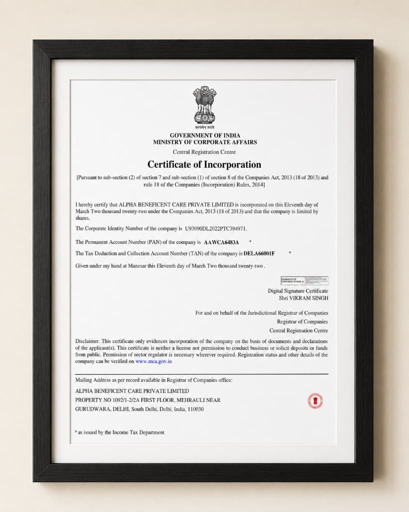 Certificate of Incorporation issued to Alpha Beneficent Care Private Limited