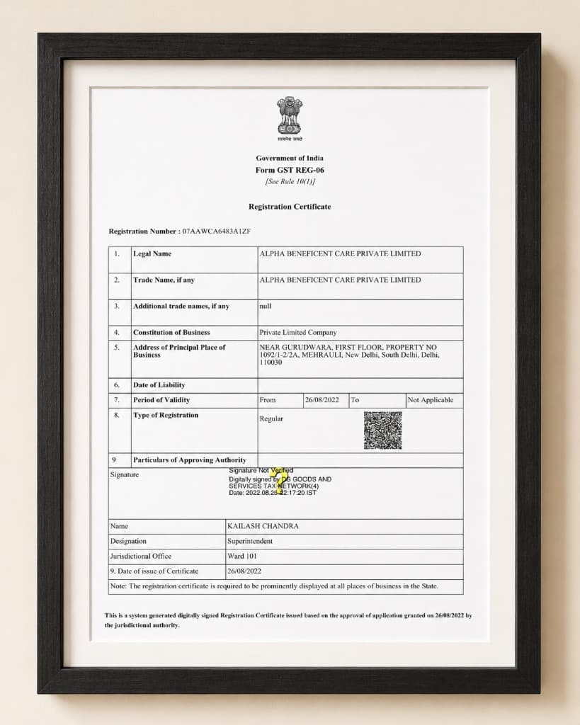 GST Registration issued to Alpha Beneficent Care Private Limited