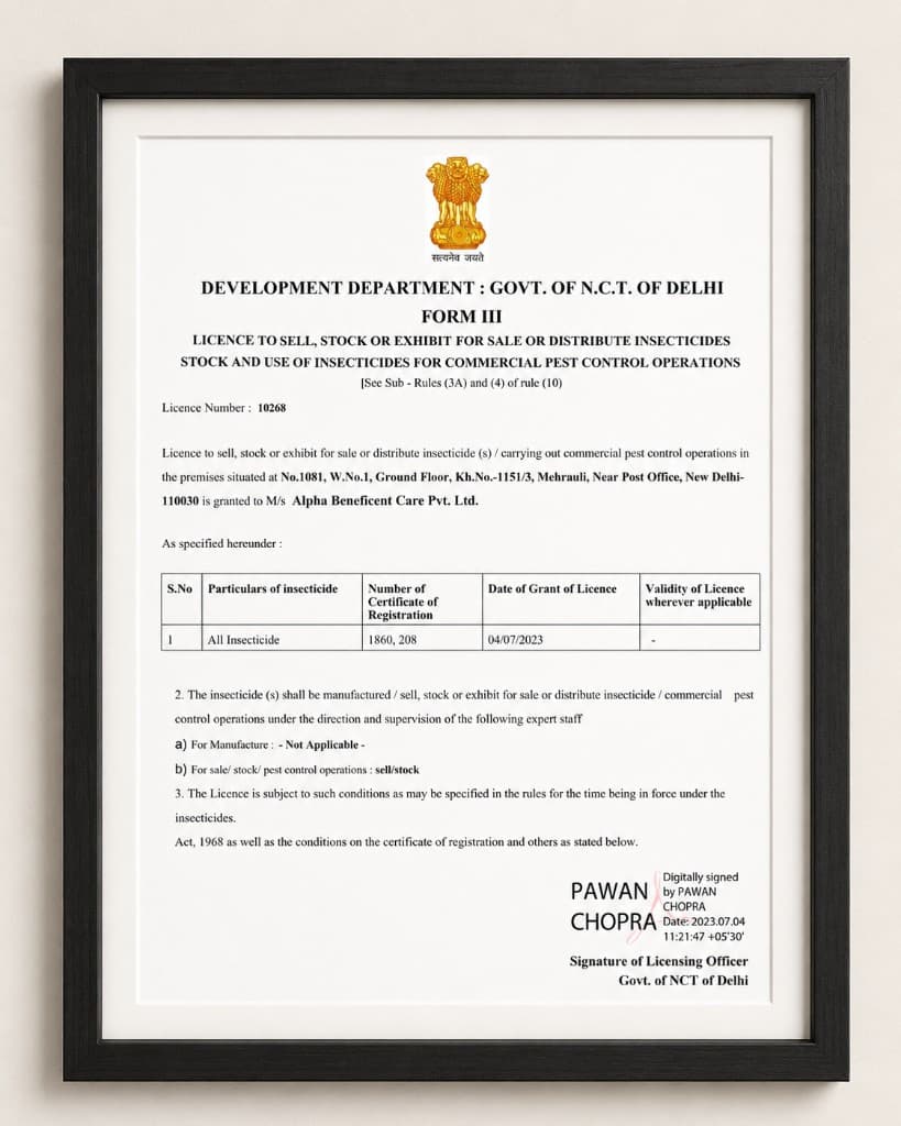 Insecticide Licence issued to Alpha Beneficent Care Private Limited