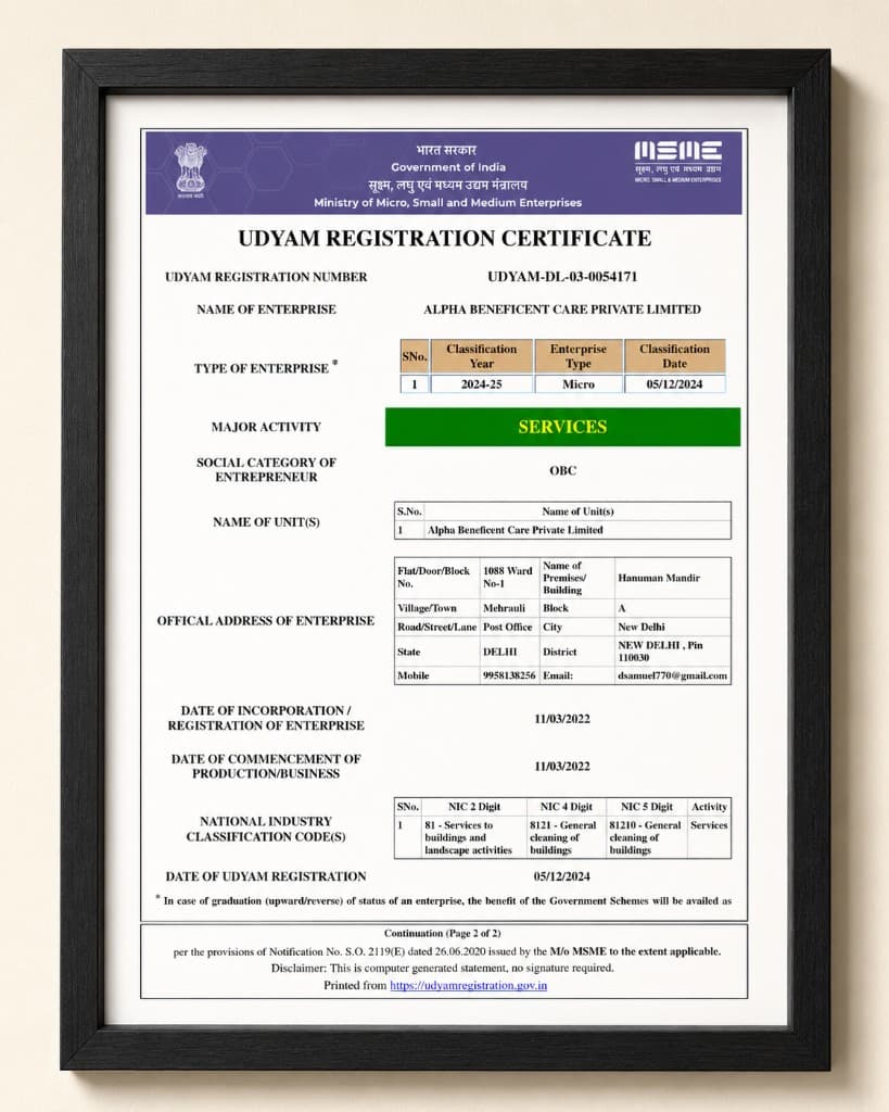Udyam Registration issued to Alpha Beneficent Care Private Limited